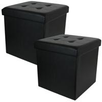 Hocker/poef Essestiel - 2x - opvouwbaar - zwart - opbergen - MDF/polyester - 37 x 37 cm