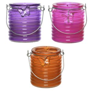 Citronella windlicht met kaars - 3x - paars/roze en oranje - 20 branduren - citrusgeur