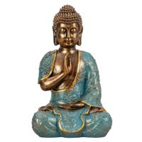 Boeddha beeld Shaman - binnen/buiten - kunststeen - goud/jade - 14 x 23 cm   - - thumbnail