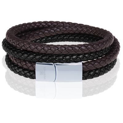 Memphis dubbele wrap armband Duo Leer Bruin Zwart Zilver-22cm