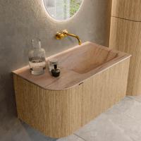Badmeubel Mondiaz Kurve-Dlux | 85 cm | Meubelkleur Oak | Wastafelkleur Saba | Solid surface | Wasbak rechter zijde spoelbak | Zonder kraangat(en)