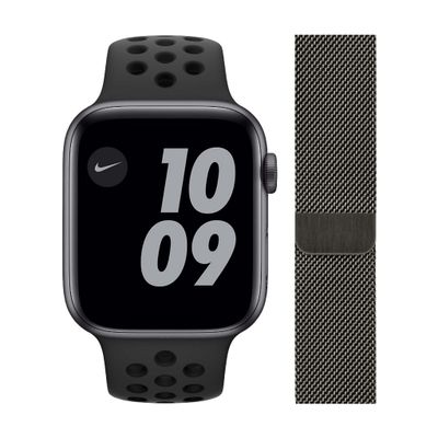 Apple Watch Nike SE 44mm Space Gray Aluminium Zwarte Sportband + Polsband Milanees Grafiet Apple Watch Nike SE 44mm Space Gray Aluminium Zwarte Sportband + Polsband Milanees Grafiet