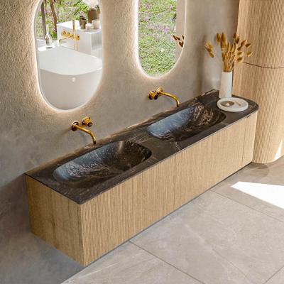 Badmeubel Mondiaz Kurve-Dlux | 175 cm | Meubelkleur Oak | Wastafelkleur Lava | Solid surface | Dubbele spoelbak | Zonder kraangat(en)