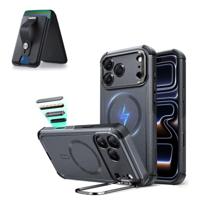 iPhone 17 Pro Cyber Tough Magnetic Case (Camera Control, Stash Stand) with Wallet Stand Bundle - Space Gray