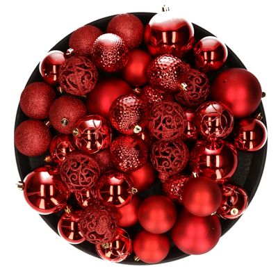 Kerstversiering kunststof kerstballen rood 6-8-10 cm pakket van 59x stuks