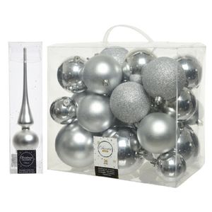 Kerstversiering kunststof kerstballen met piek zilver 6-8-10 cm pakket van 27x stuks