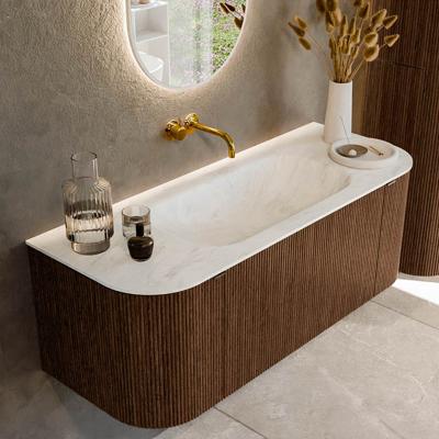 Badmeubel Mondiaz Kurve-Dlux | 120 cm | Meubelkleur Walnut | Wastafelkleur Opalo | Solid surface | Midden spoelbak | Zonder kraangat(en)