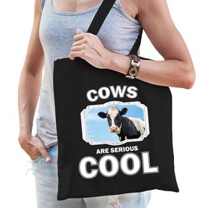 Katoenen tasje cows are serious cool zwart - koeien/ koe cadeau tas - Feest Boodschappentassen