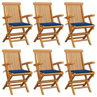Tuinstoelen 6 st met koningsblauwe kussens massief teakhout