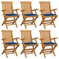 Tuinstoelen 6 st met koningsblauwe kussens massief teakhout