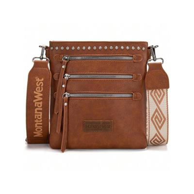 Bon&Bon West Cow Print Crossbody Bag with Guitar Strap - Multi Pocket Mocha Brown