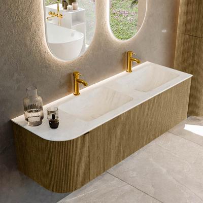 Badmeubel Mondiaz Kurve-Dlux | 145 cm cm | Meubelkleur Dusk | Wastafelkleur Opalo | Solid surface | Dubbel / Rechts spoelbak | 2 kraangaten