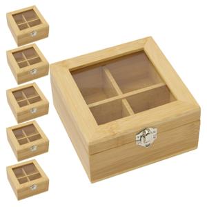 Theedoos - pakket 6x - 4-vaks - naturel - bamboe hout - 14 x 14 x 7.5 cm - theekist