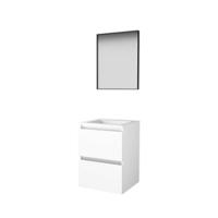 Basic-Line Framed 46 Badkamermeubelset - 50 x 46 cm - Greeploos - 2 Lades - Acryl Wastafel - Zonder Kraangat - Spiegel met Zwart Aluminium Frame - Ice White