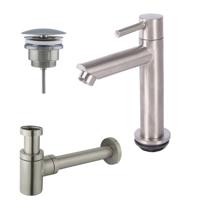 Fortifura Calvi fonteinkraanset met staande fonteinkraan laag, always open plug en design sifon Geborsteld RVS PVD (RVS) SW696237 / SW696207 / SW696217 Fortifura Calvi fonteinkraanset met staande fonteinkraan laag, always open plug en design sifon Geborsteld RVS PVD (RVS) SW696237 / SW696207 / SW696217