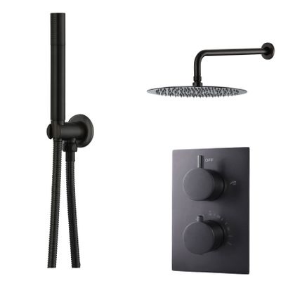 Regendouche set SaniClear Nero | Inbouw | Thermostaatkraan | 2-weg | Rond | Zwart mat
