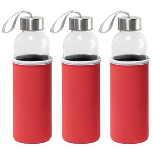 6x Stuks glazen waterfles/drinkfles met rode softshell bescherm hoes 520 ml