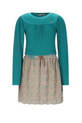 NoNo winter combo jurk meisjes - zand - Morly - rib jersey top + plisse, AOP rok