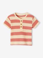 T-shirt met strepen voor baby's in honingraat gebreid terracottategel T-shirt met strepen voor baby's in honingraat gebreid terracottategel
