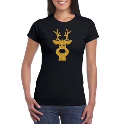 Kerst t-shirt - rendier - zwart - voor dames - gouden glitter bedrukking - kerst shirts Kerst t-shirt - rendier - zwart - voor dames - gouden glitter bedrukking - kerst shirts