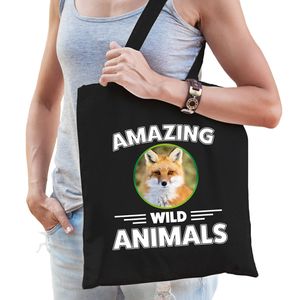 Tasje vossen amazing wild animals / dieren zwart voor volwassenen en kinderen - Feest Boodschappentassen