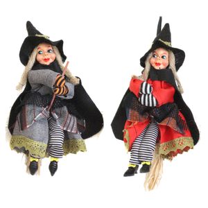 Halloween decoratie heksen pop op bezem - 2x - 20 cm - grijs/rood