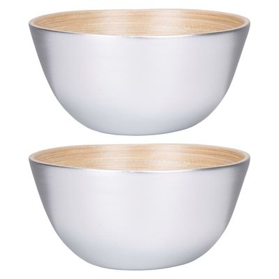 Schaaltje/kommetje - 2x - zilver - bamboe - D14 cm x H7 cm