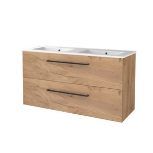 Badmeubelset BWS Salt 120x46cm Met Grepen 2 Lades Met Wastafel Porselein 2 Kraangaten Whisky Oak