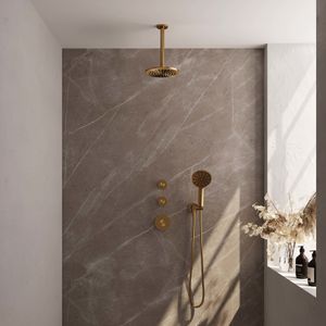 Regendoucheset Inbouw Brauer Gold Edition Thermostatisch 20 cm met Plafondarm en Handdouche 3-Standen Losse Stopkranen Geborsteld Goud Brauer