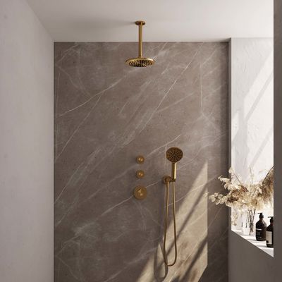 Regendoucheset Inbouw Brauer Gold Edition Thermostatisch 20 cm met Plafondarm en Handdouche 3-Standen Losse Stopkranen Geborsteld Goud Brauer