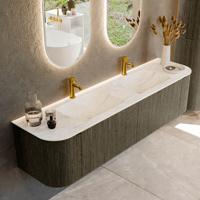 Badmeubel Mondiaz Kurve-Dlux | 180 cm cm | Meubelkleur Shadow | Wastafelkleur Ostra | Solid surface | Wasbak beiden zijden spoelbak | 2 kraangaten