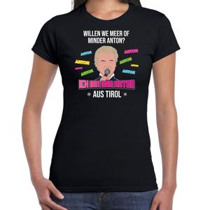 Apres ski t-shirt voor dames - meer of minder Anton - zwart - wintersport - Wilders - politiek