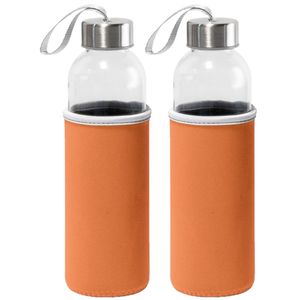 4x Stuks glazen waterfles/drinkfles met oranje softshell bescherm hoes 520 ml