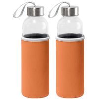 4x Stuks glazen waterfles/drinkfles met oranje softshell bescherm hoes 520 ml - thumbnail