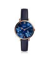Fossil Jacqueline Dameshorloge met florale wijzerplaat in marineblauw leer ES4673