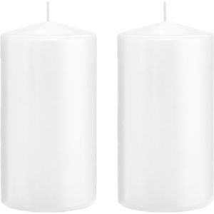 2x Witte woondecoratie kaarsen 8 x 15 cm 69 branduren