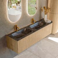 Badmeubel Mondiaz Kurve-Dlux | 165 cm | Meubelkleur Oak | Wastafelkleur Lava | Solid surface | Dubbele spoelbak | 2 kraangaten