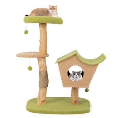 Kattenboom 110 cm met Gevoerde Kennel Kattennis Krabpaal Springplatform Zware Voet Houten Kattentoren met Hangende Ballen