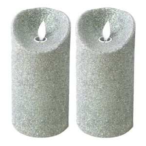 LED kaars/stompkaars - 2x stuks - zilver - H15 cm - met glitters