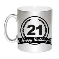 Happy Birthday 21 years zilveren cadeau mok / beker met wimpel 330 ml - thumbnail