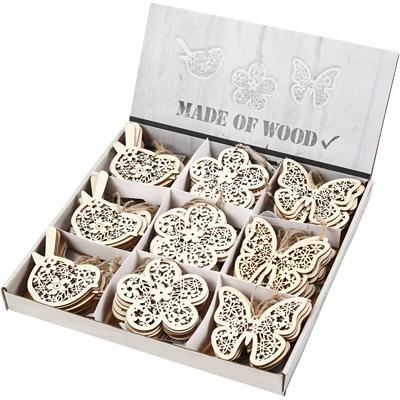 Creativ Company Houten figuren, vlinder, bloem en vogel, h: 10 cm, b: 10 cm, 90 stuk/ 1 doos