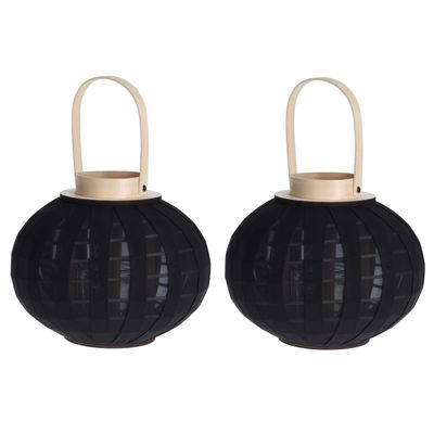 Set van 2x stuks houten theelichthouder / lantaarn met stof zwart 21 cm