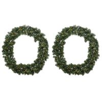 2x stuks kerstkransen/dennenkransen groen met warm witte verlichting en timer 50 cm - Kerstkransen - thumbnail