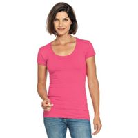 Bodyfit dames t-shirt fuchsia roze met ronde hals - thumbnail