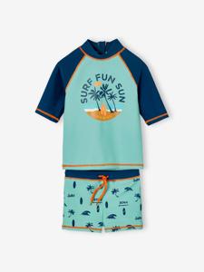 Badpakset voor jongens T-shirt met UV-bescherming + short petrolblauw