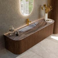 Badmeubel Mondiaz Kurve-Dlux | 160 cm | Meubelkleur Walnut | Wastafelkleur Sombra | Solid surface | Wasbak midden spoelbak | 1 kraangat