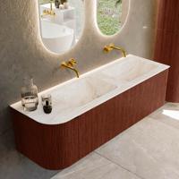 Badmeubel Mondiaz Kurve-Dlux | 145 cm cm | Meubelkleur Ruby | Wastafelkleur Frappe | Solid surface | Dubbel / Rechts spoelbak | Zonder kraangat(en)