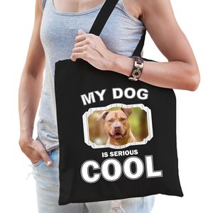 Katoenen tasje my dog is serious cool zwart - Staffordshire bull terrier honden cadeau tas   -