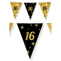 Leeftijd verjaardag feest vlaggetjes 16 jaar geworden zwart/goud 10 meter - Vlaggenlijnen - thumbnail