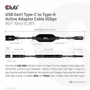 club3D USB-adapter USB 3.2 Gen1 (USB 3.0 / USB 3.1 Gen1) USB-C stekker, USB-A bus 10.00 m Zwart CAC-1538